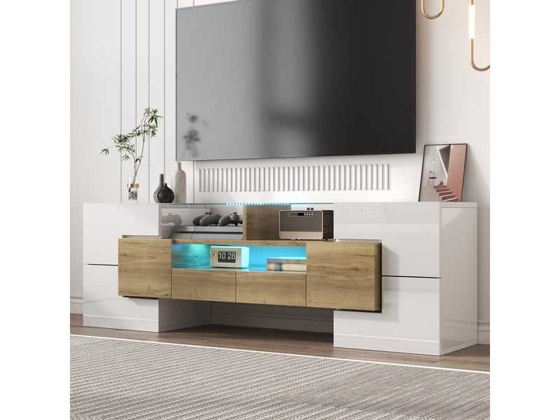  Meuble tv blanc brillant de 145 cm avec éclairage led multicolore  - Conforama C