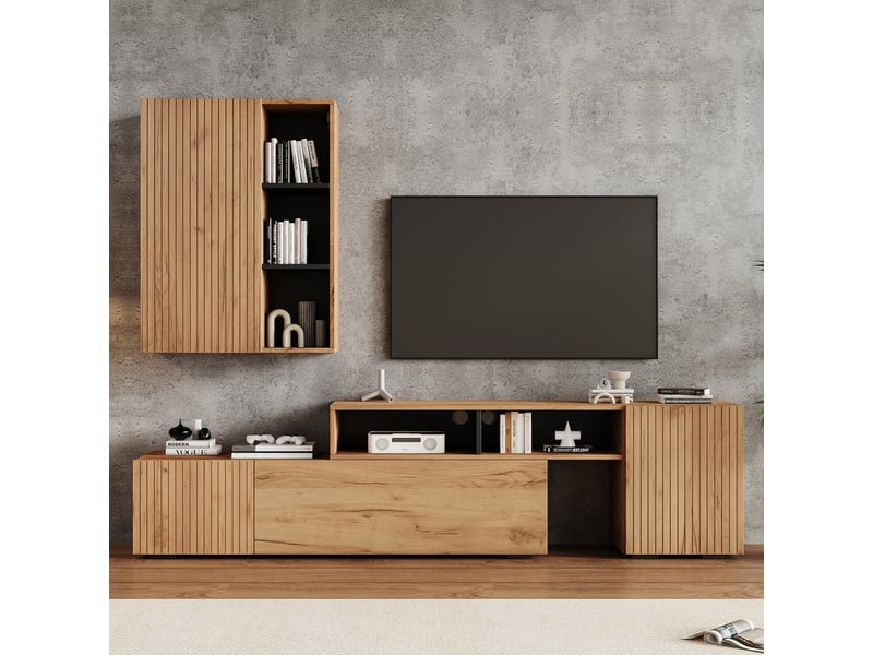  Ensemble meuble tv avec vitrine extensible de 174 à 265 cm, meuble tv chêne et noir pour écran jusqu'à 120 pouces  - Conforama A