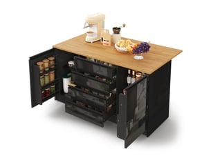Îlot de cuisine avec 4 tiroirs 2 portes et plateau rabattable, mdf noir et décor bois, 140x50(80)x90 cm