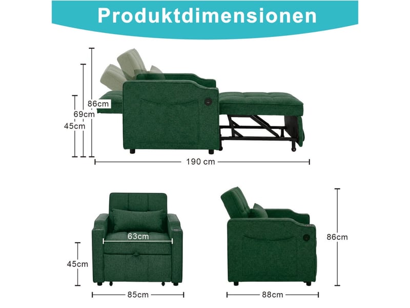  Fauteuil convertible 1 place - 190x85x86 cm - fauteuil 3-en-1 avec ports usb type-c et porte-gobelet - vert  - Conforama E