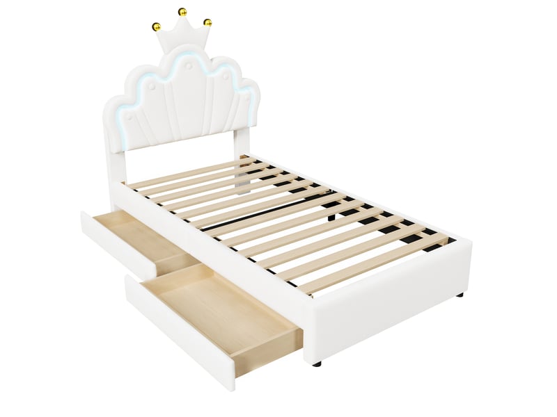  Lit rembourré rose 90x200 cm style princesse avec led, 2 tiroirs et tête réglable  - Conforama E