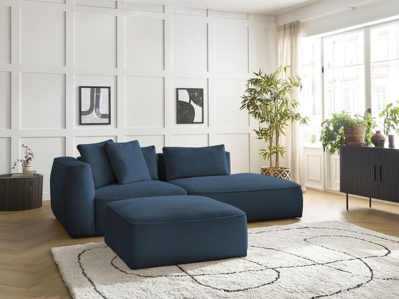  Bobochic canapé droit fixe 3 places leopold velours côtelé avec pouf bleu foncé  accoudoir gauche LEOPOLD - Conforama D