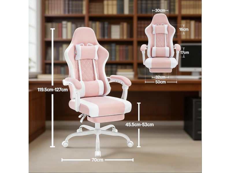 Chaise de bureau gaming rose et blanche avec massage usb, repose-pieds et dossier inclinable de 90° à 145° - Conforama C