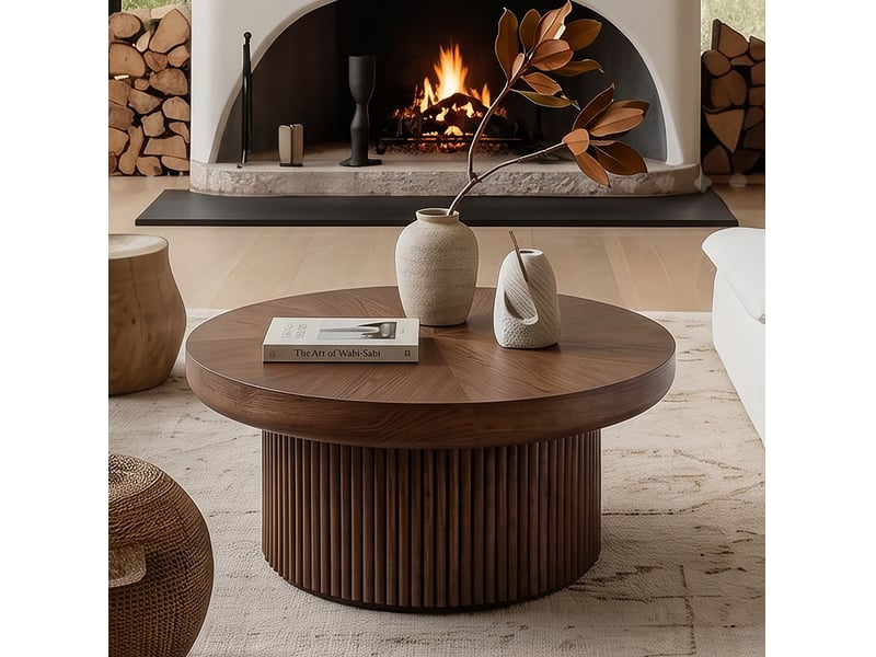  Table basse ronde ø78x38,5 cm plateau marqueterie bois, base cylindrique cannelée, plateau épais, design moderne, bois foncé  - Conforama B