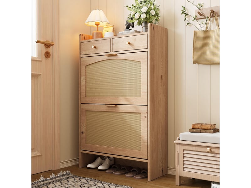 Meuble à chaussures - 65x25x106cm - meuble d'entrée effet rotin avec 2 tiroirs, 2 abattants, niche basse - chêne naturel - Conforama D