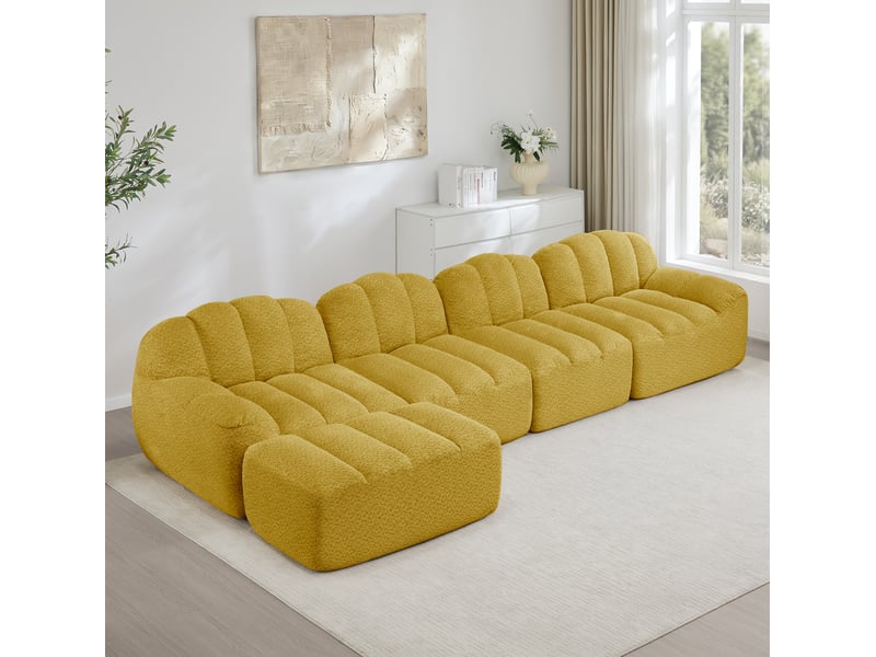 Canapé d'angle modulable ulevr 4 places avec ottoman, 366 x 165 cm, mousse haute densité 32d, tissu bouclette jaune - Conforama E