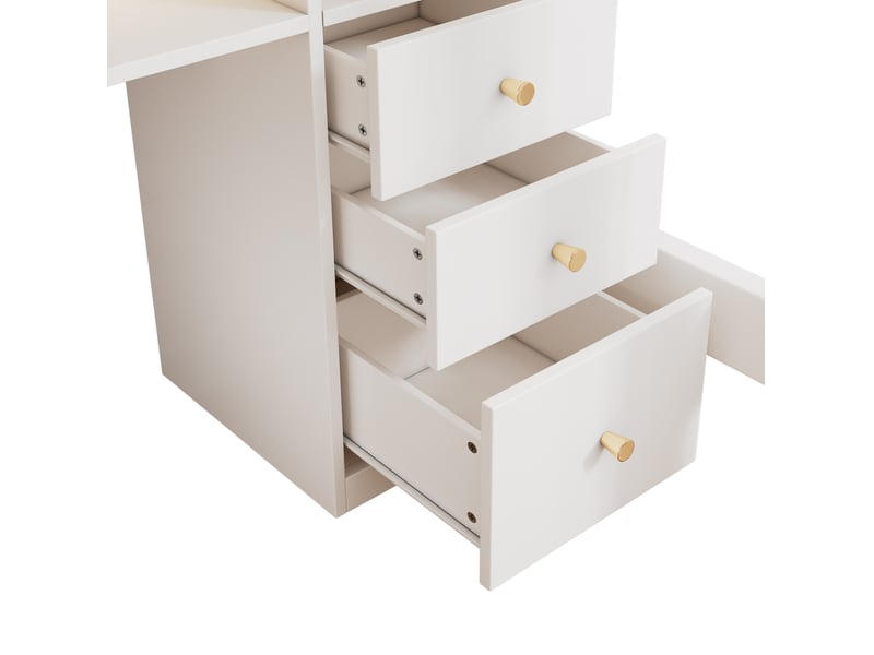  Lit mezzanine enfant 90x200cm avec bureau en l, tiroirs, étagère, port usb type-c, sommier, bois blanc, sans matelas  - Conforama E