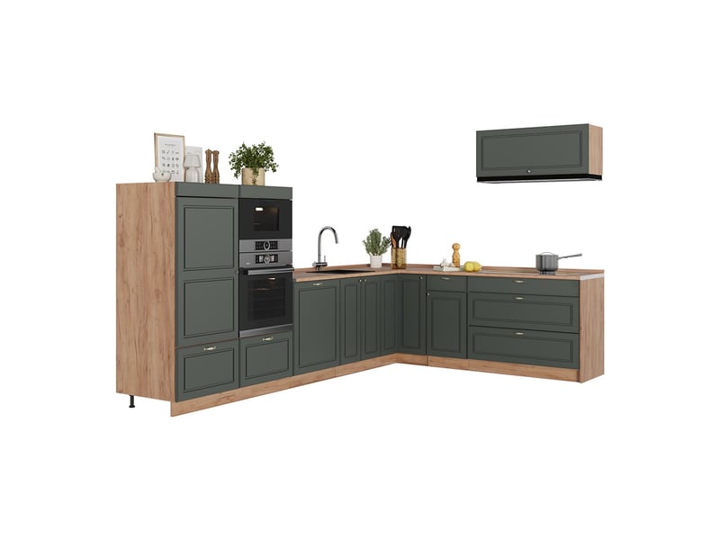  Vicco cuisine en angle, vert or campagnechêne de force doré, 327x60cm, pt anthracite  - Conforama E