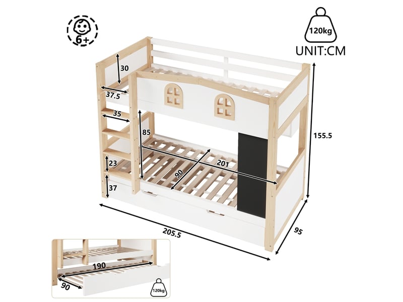  Lit superposé 90 x 200 cm, avec lit gigogne, compartiments de rangement et tableau amovible, matériau en bois, blanc  - Conforama C