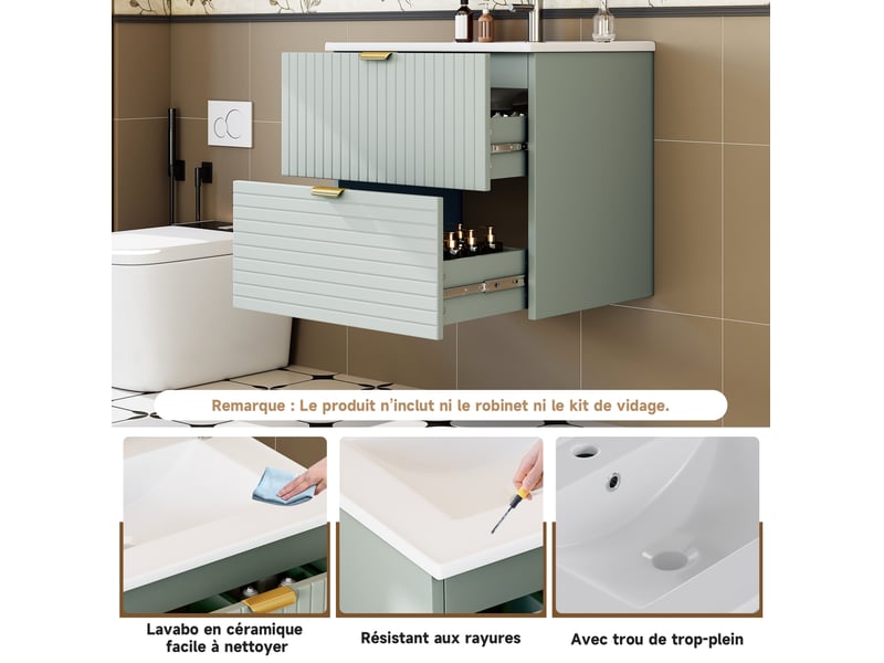 Meuble vasque suspendu 61x46x57 cm, 2 tiroirs, meuble de salle de bain, armoire de rangement, mdf vert menthe, moderne  - Conforama E