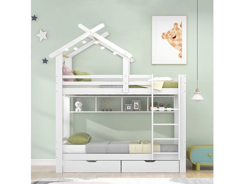  Modenvie lit superposé enfant 90x200 cm - avec tiroirs et étagères, sans matelas - blanc  - Conforama E