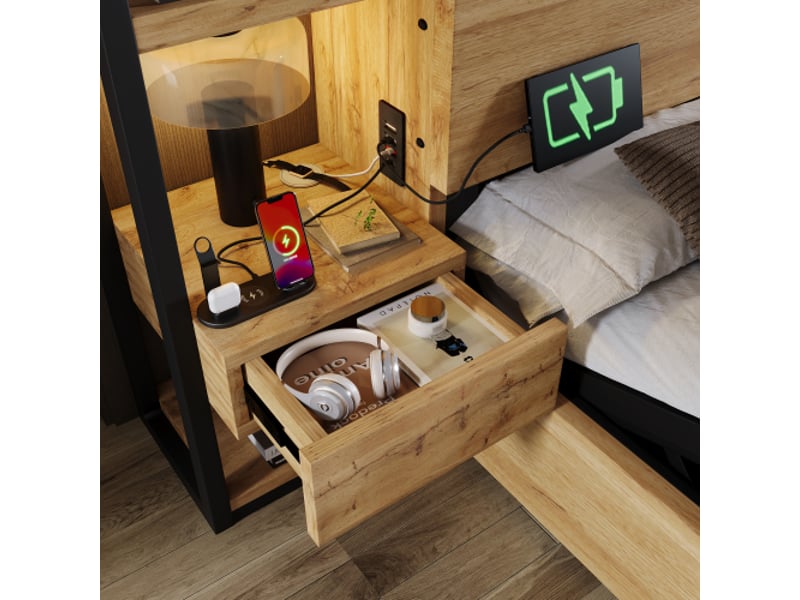  Lit double 160x200 cm en bois avec coffre hydraulique, tête de lit à tiroirs usb-c et cadre chêne, sans matelas  - Conforama D