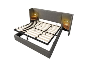 Lit double 180x200 cm chevet intégré lampe tactile ports usb-c coffre rangement sommier bois métal tissu lin