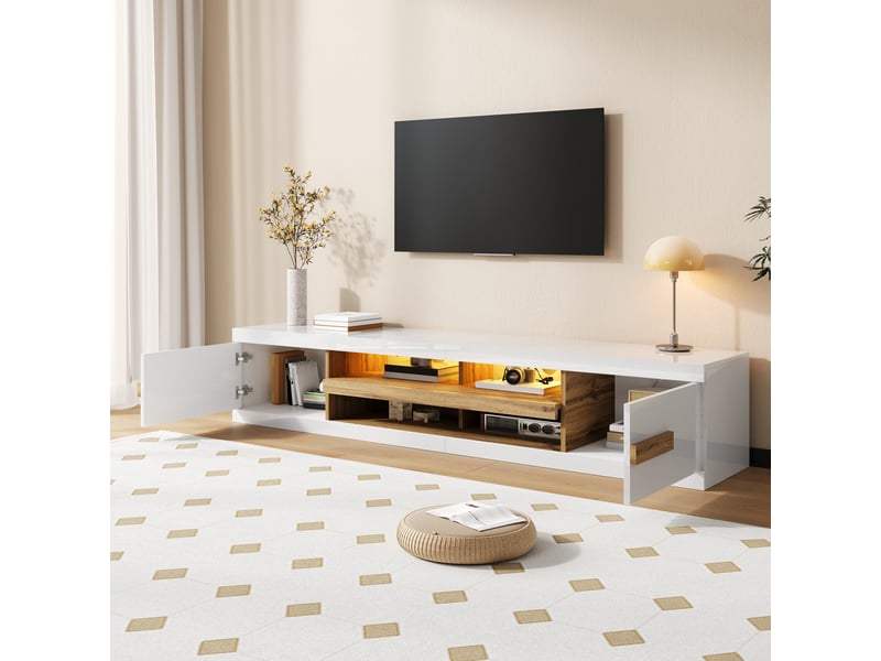  Meuble tv avec 2 portes, niches ouvertes et led contrôlée par application pour salon 200×40×38 cm blanc  - Conforama C