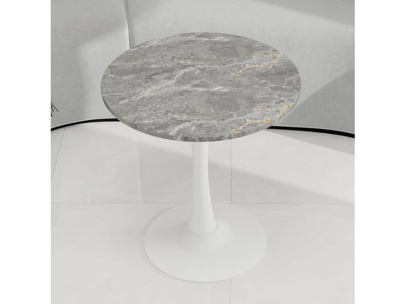  Table basse ronde 70x70x72cm style moderne du milieu du siècle, pieds hauts, marbre reconstitué, blanc et gris foncé  - Conforama D