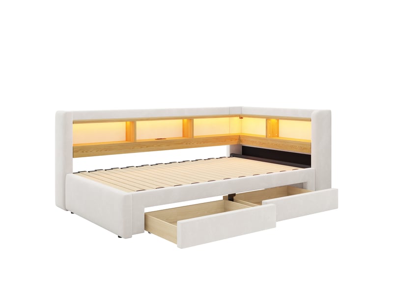 Lit banquette 90x200 cm – beige – couchage extensible 180x200, tiroirs, led, prise intégrée – sans matelas - Conforama D