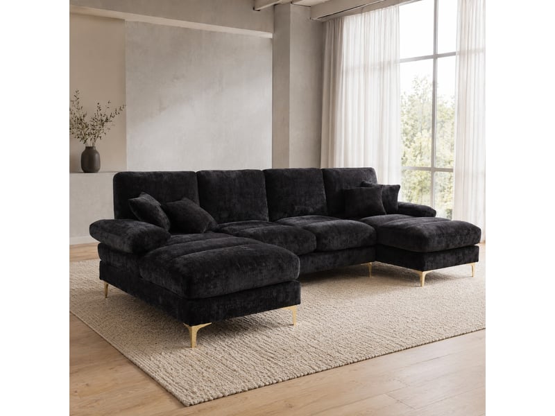  Canapé panoramique en u 4 places avec deux méridiennes et pieds en métal doré, en tissu noir, 272 × 136 × 88 cm  - Conforama B