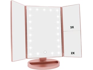 Miroir de maquillage 22 led – grossissement 1x2x3x, tactile, or rose