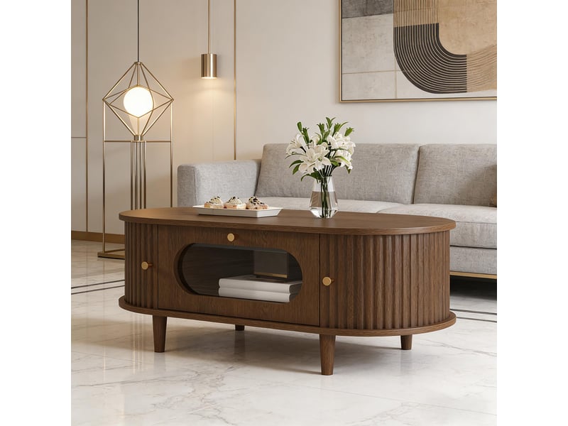 Table basse de salon noyer 100x50x36 cm avec tiroir et porte coulissante 4 pieds table d'appoint - Conforama E