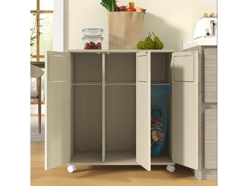 Meuble de tri des déchets 69,3x35x80 cm mobile avec 3 portes, pour cuisine, design moderne, en mdf, blanc et bois clair - Conforama E