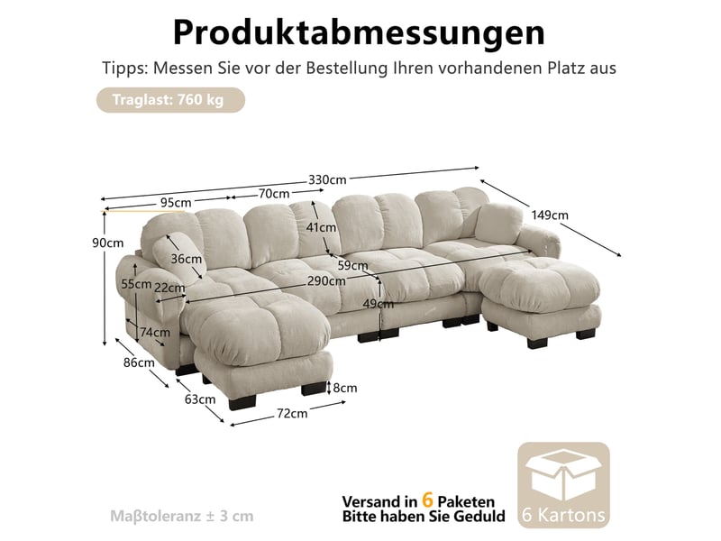  Canapé u 4 places modulaire en chenille - avec 2 ottomans mobiles, design élégant, hellkhaki  - Conforama C