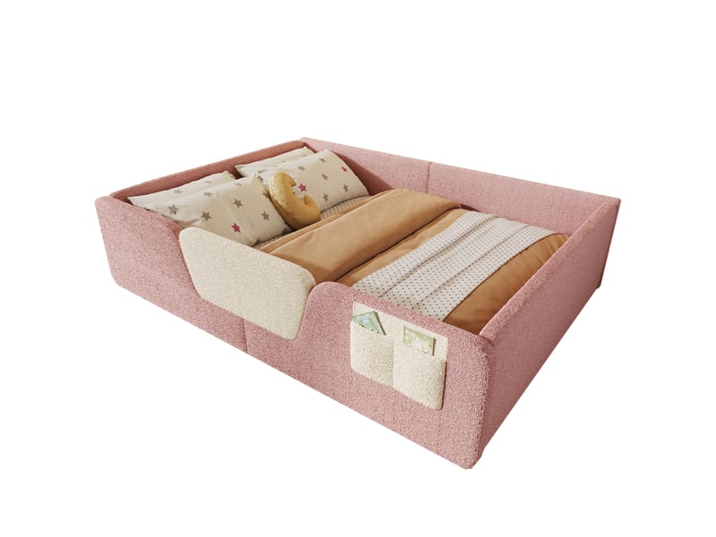  Lit enfant 140x190 cm avec barrières amovibles et poches en tissu rose  - Conforama A