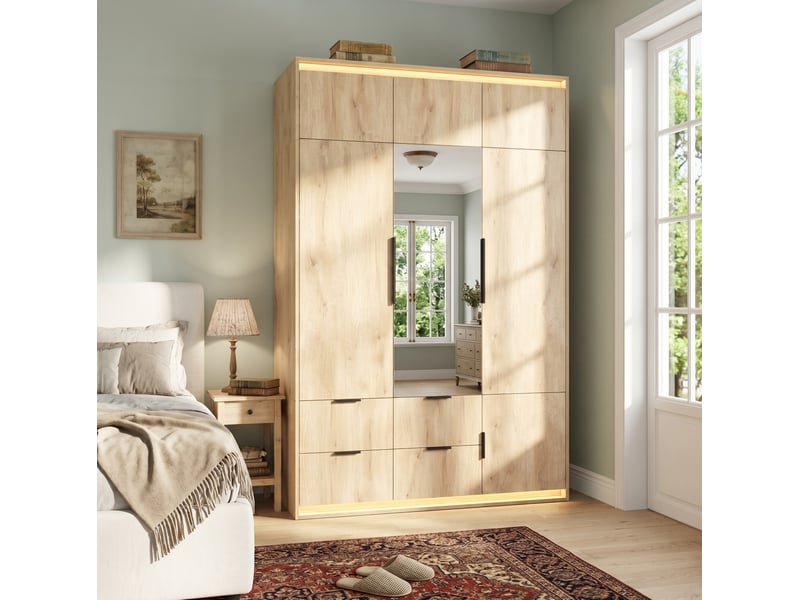  Armoire penderie 3 portes 135x47x200 cm mdf décor chêne, miroir led, 4 tiroirs et 1 tringle pour rangement  - Conforama B