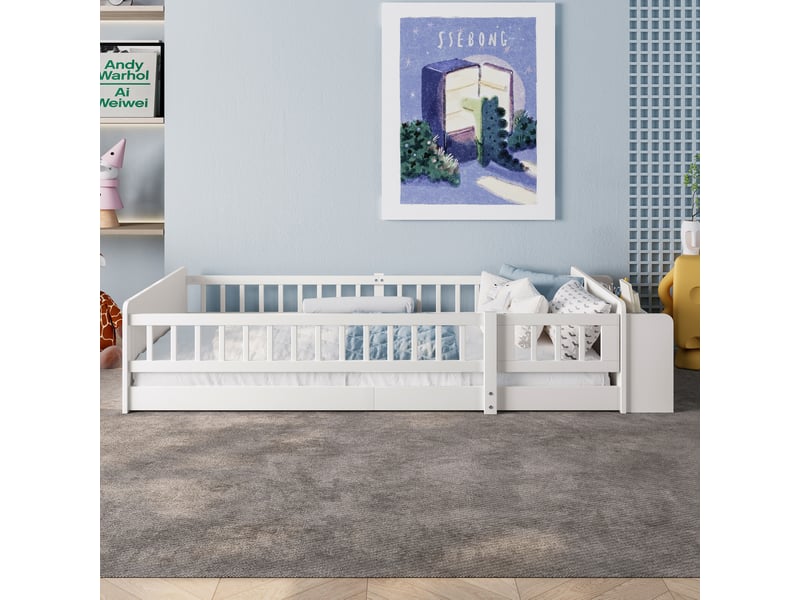  Lit enfant 90x200cm avec espace de rangement, garde-corps,étagère, sommier, pin blanc, sans matelas  - Conforama B