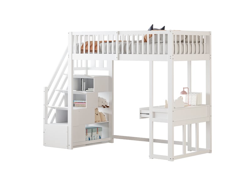 Lit mezzanine 90x200 cm blanc pour enfant avec table multifonction, échelle de rangement et bois de pin  - Conforama A