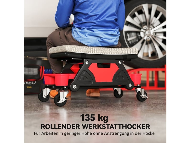  Tabouret d'atelier à roulettes 64,5 x 33 x 35 cm gris en plastique, avec tiroir et rangements outils  - Conforama E