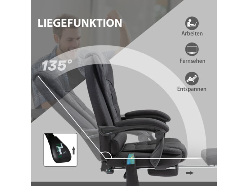  Chaise de bureau massante ergonomique, inclinable avec chaleur, repose-pieds, télécommande, noir  - Conforama E
