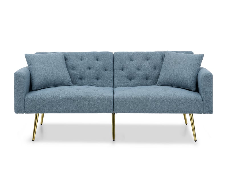  Canapé convertible 2 places avec dossier réglable 3 positions et 2 coussins, pieds métalliques dorés, en tissu teddy bleu  - Conforama A