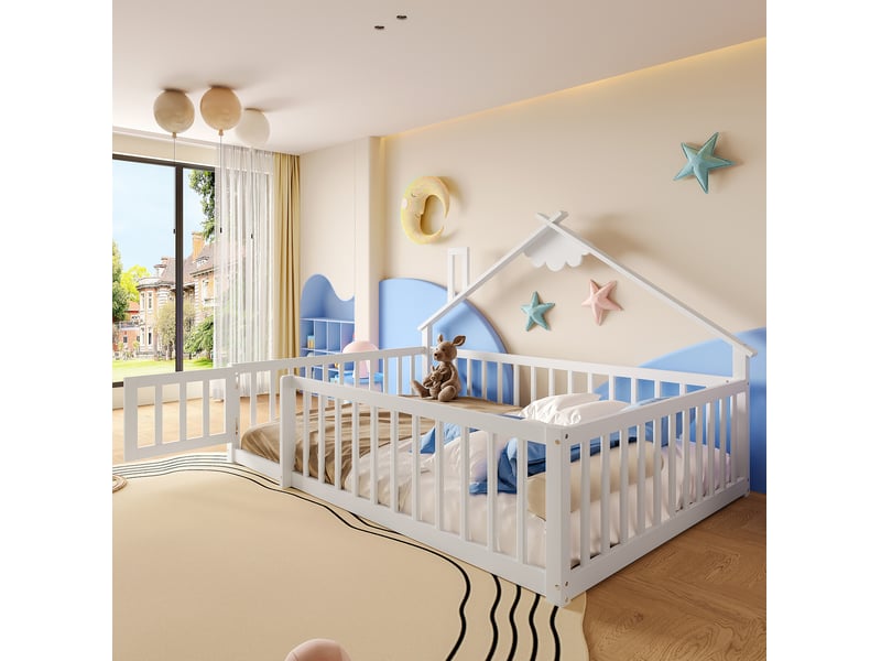  Lit cabane ulevr 140x190 cm avec barrière de sécurité à verrou, structure en pin et mdf, blanc  - Conforama D