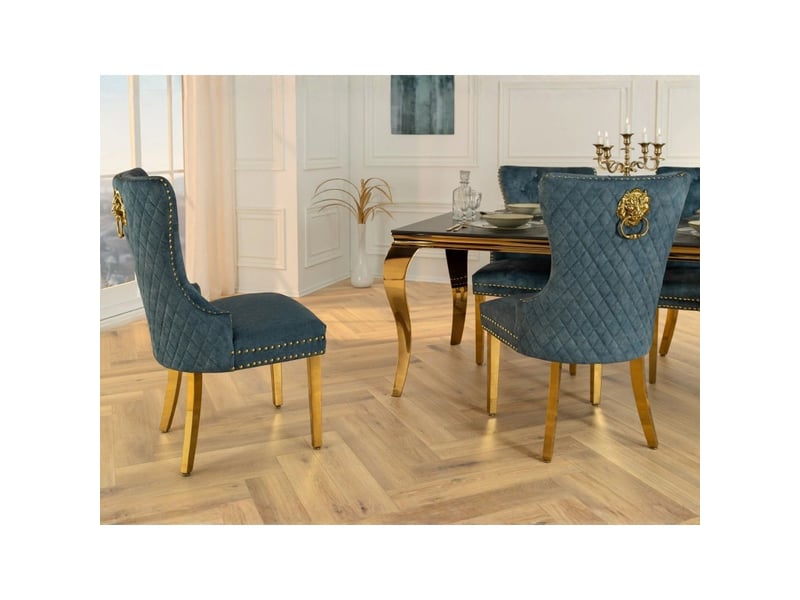  Lot de 2 chaises chesterfield regina bleu pétrole en velours capitonné – tête de lion dorée, clous décoratifs et pieds acier  - Conforama E