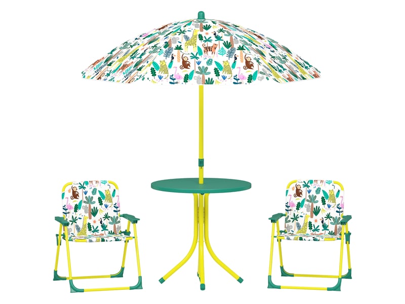  Ensemble table et chaises de jardin pour enfants 4 pièces, chaises pliantes, parasol amovible, motif jungle verte  - Conforama A
