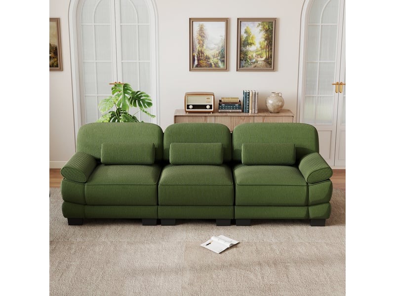  Canapé droit 3 places modulable, structure robuste, assise profonde et spacieuse, cordon cord doux et confortable, vert, pour se détendre au salon  - Conforama D