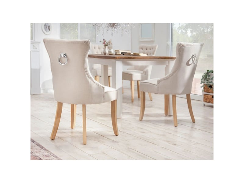  Lot de 2 chaises regina beige en lin capitonné – dossier haut, anneau argenté et pieds en bois clair  - Conforama E