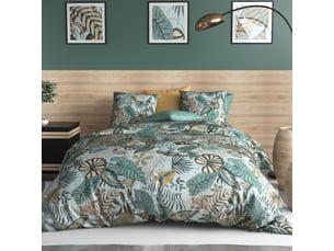 Parure housse de couette 260x240cm + 2 taies motif exotique bleu et vert 100% coton - yucatan