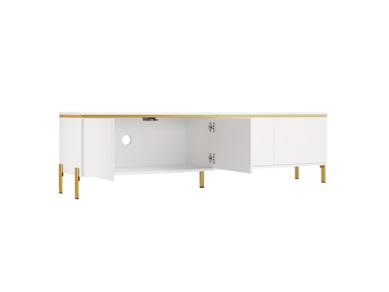  Meuble tv blanc brillant 170 cm avec 4 portes et pieds en métal doré  - Conforama D