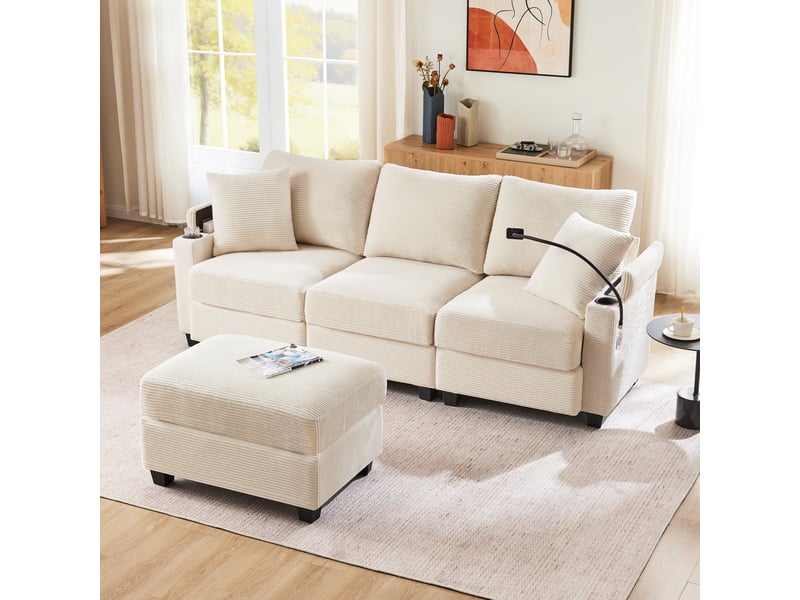  Canapé d'angle convertible 3 places 213,5 x 139 x 87 cm, forme l, pouf, porte-gobelets, usb, tablette d'accoudoir, 2 coussins, velours côtelé, beige Bliss Lite - Conforama E