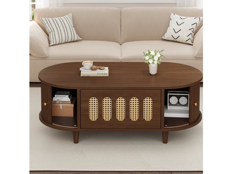  Table basse 100x50x40 cm avec tiroir et 2 portes à rideau en mdf, finition noyer  - Conforama D