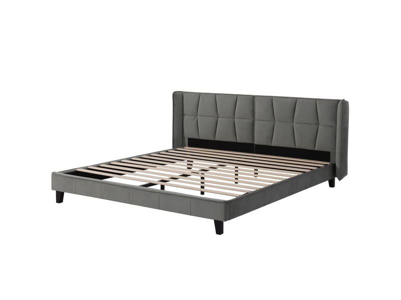 Lit capitonné 180x200 avec sommier à lattes et tête de lit, lit en velours gris élégant pour adulte, structure robuste, montage facile. - Conforama A