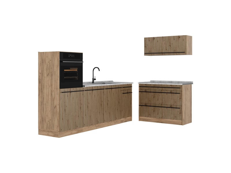 Vicco cuisine, chêne artisanchêne doré, 220cm plan de travail marbre - Conforama A