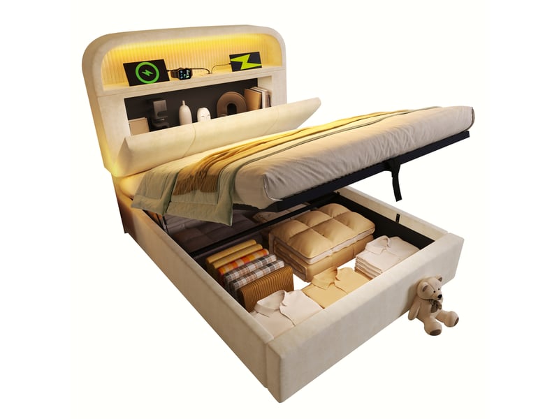  Lit coffre 1 place 90 x 200 cm beige avec matelas, led et station de charge  - Conforama A
