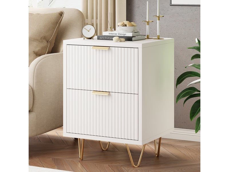  Lot de 2 tables de chevet 40x40x55cm avec 2 tiroirs, bois et pieds en métal, design ondulé moderne, blanc  - Conforama D