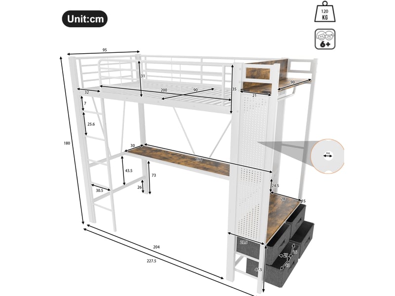  Lit mezzanine 90 x 200 cm avec bureau, rangements, led et prise usb, blanc  - Conforama C