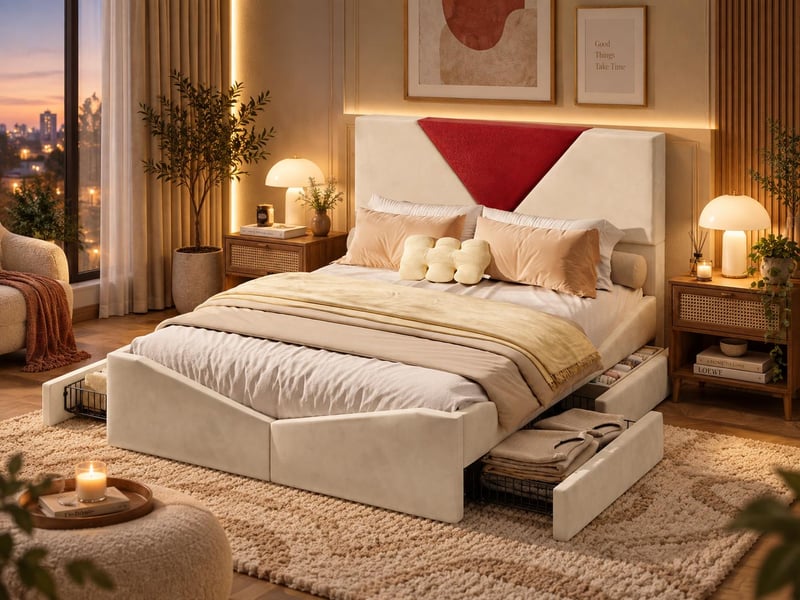  Lit 140x200 cm - rangement - lit coffre tissu - tête de lit 2 placese bicolore - sommier à lattes inclus  - Conforama B