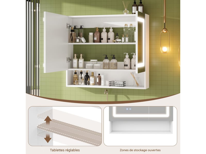  Armoire de toilette 2 portes avec miroir led désembuage mdf blanc 80x17x70 cm N877P457995K - Conforama D