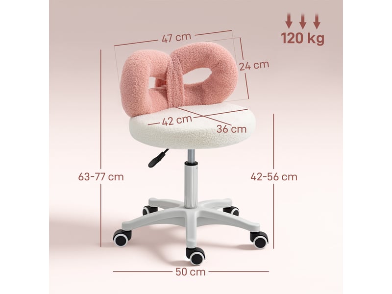  Tabouret pivotant réglable en hauteur avec dossier arqué, tissu teddy, 50 x 50 x 63-77 cm, blanc et rose  - Conforama E