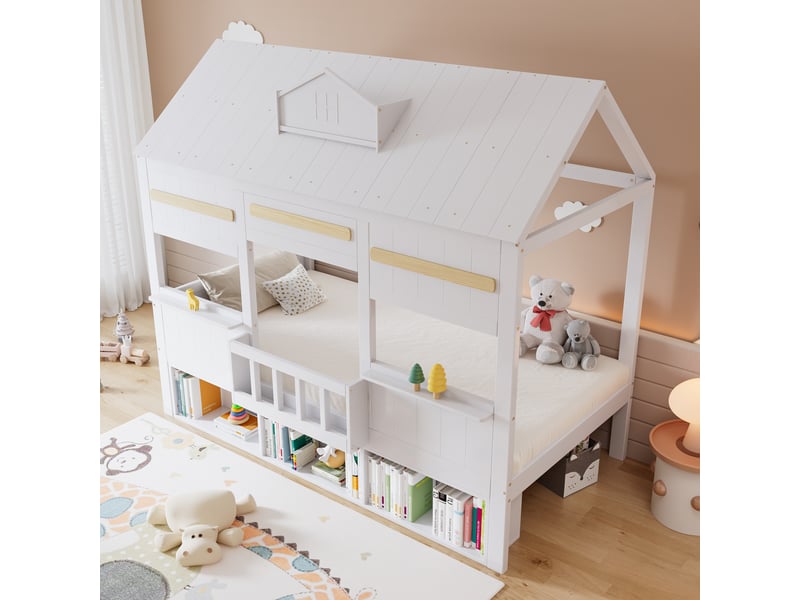  Lit mezzanine cabane enfant 1 place 90 x 200 cm avec bibliothèque intégrée, sommier à lattes, structure en pin, mdf et contreplaqué, blanc  - Conforama D